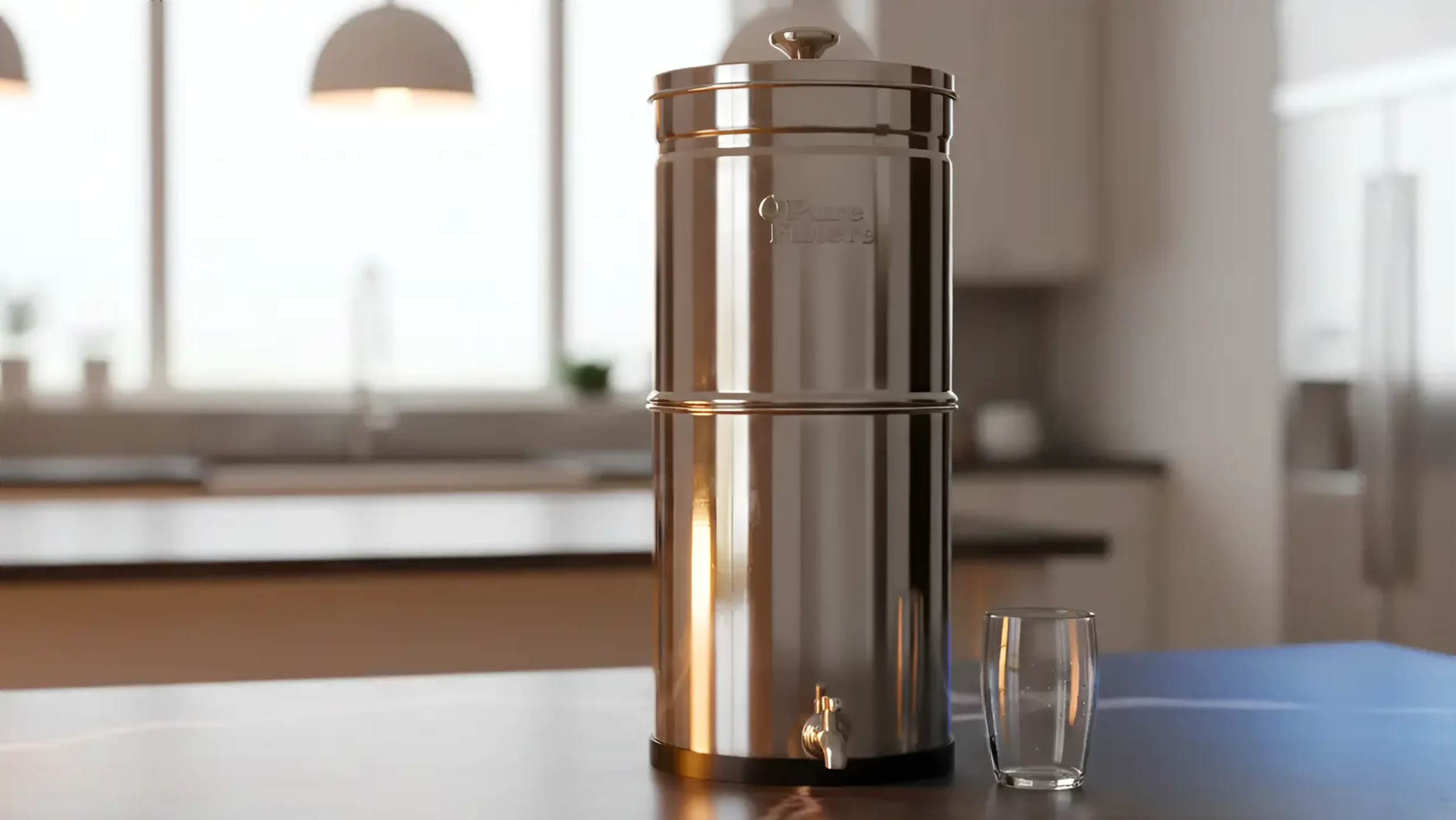 un filtre pure filters avec un verre d'eau posé à côté