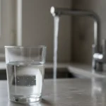 Un verre d'eau remplit avec de l'eau qui coule d'un robinet en arrière-plan