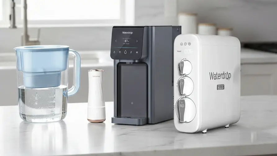 Plusieurs produits Waterdrop : fontaine filtrante, carafe filtrante et osmose inverse