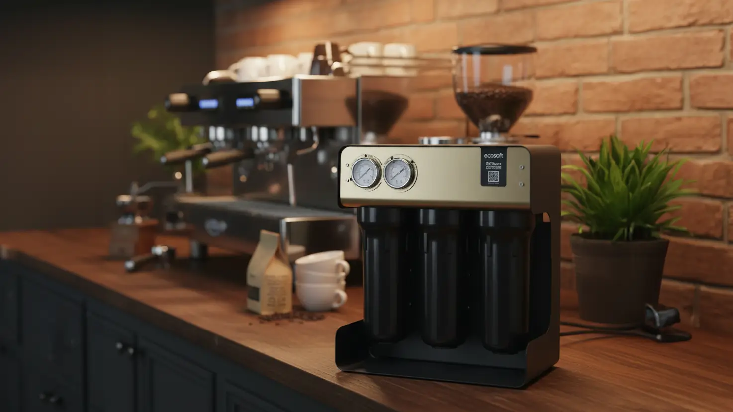 un osmoseur professionnel avec une machine à café professionnelle en arrière-plan