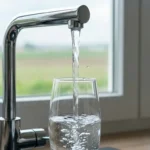 De l'eau contaminé par un polluant agricole coule depuis un robinet