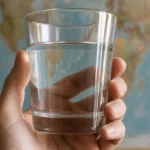 une main tient un verre deau devant une carte du monde