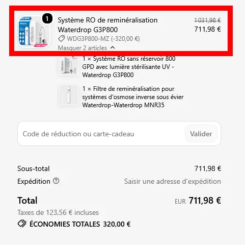 code promo waterdrop filter appliqué avant paiement